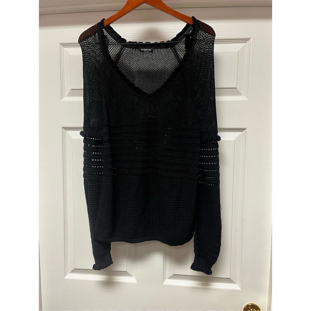 Bebe Black Ruffle Open Knit Romantic Whimsy Goth Sweater sz L NWOT